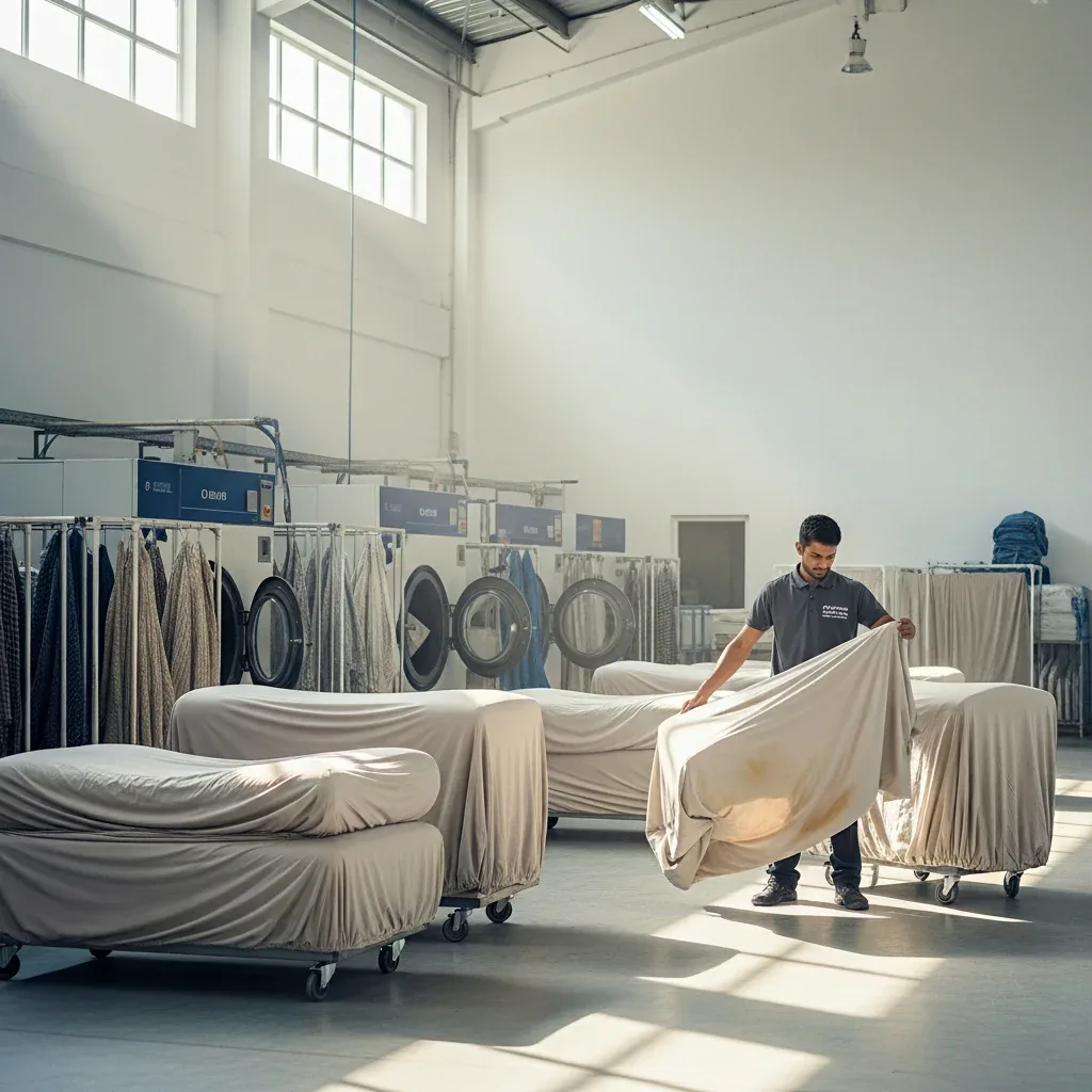 Laundrykhalas technician lifting a cream sofa cover in a daylit facility, serving Al Darari