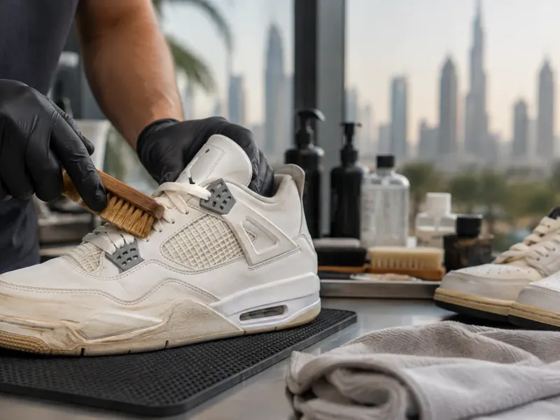 Best sneaker cleaning service in Dubai showing professional shoe restoration and doorstep pickup