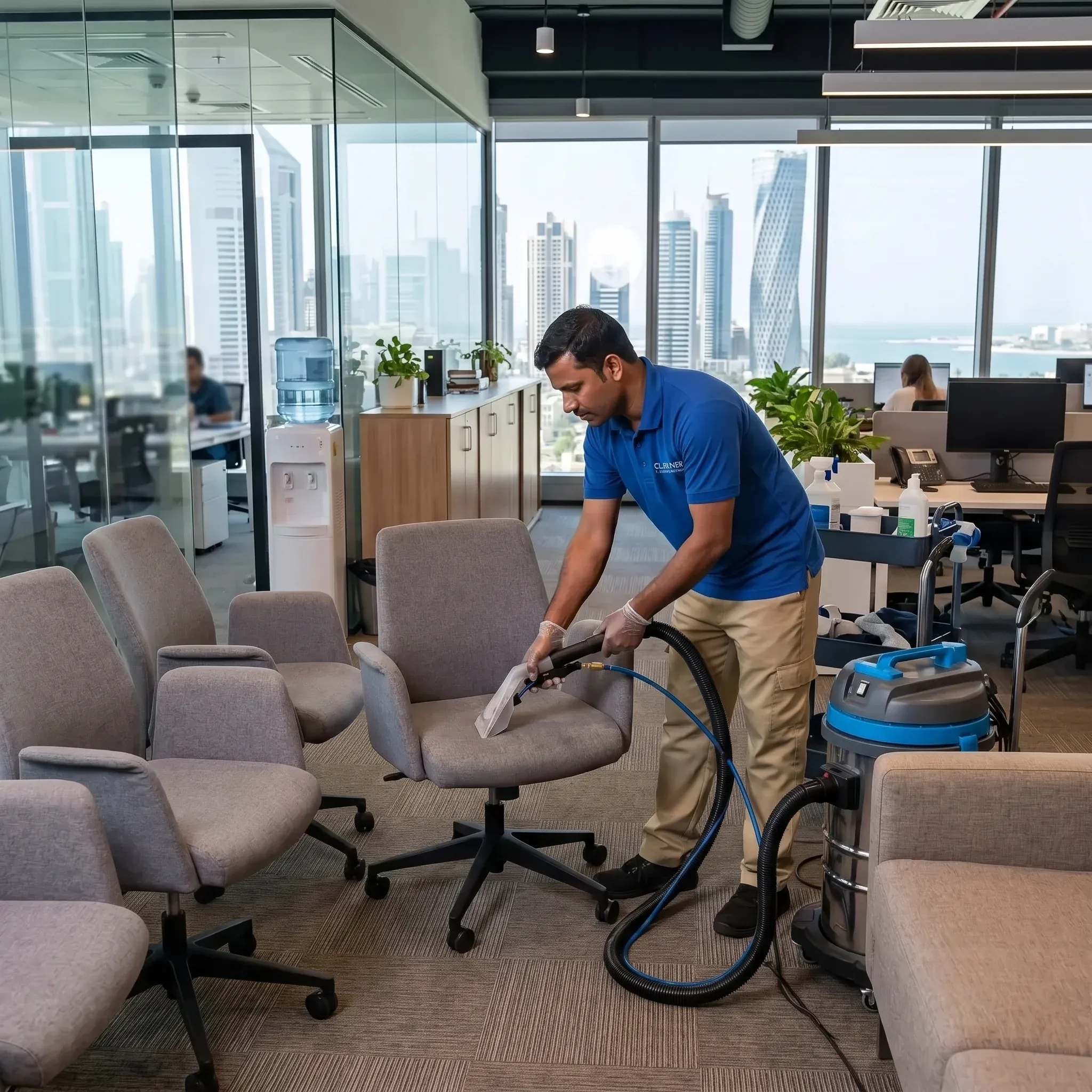 Professional cleaner wiping down a boardroom table