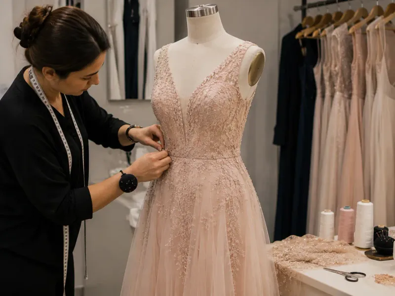 Dress alteration in Dubai showing wedding gown and evening wear fitting by professional master tailor