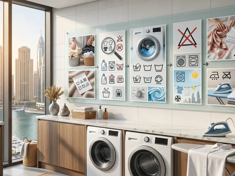 Dubai fabric safety guide showing home laundry and professional dry cleaning care chart