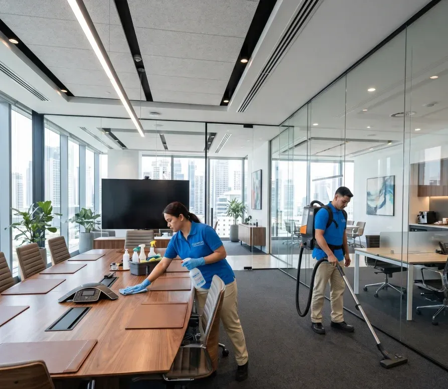 Professional commercial cleaning team in a modern UAE corporate office