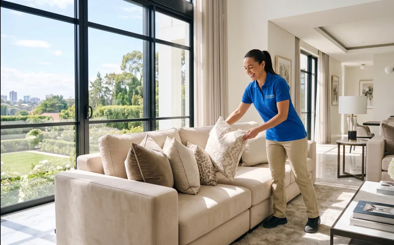 Professional house cleaner wiping a kitchen counter