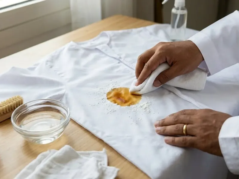 How to remove Oudh oil spots from white Kandura showing professional stain treatment techniques
