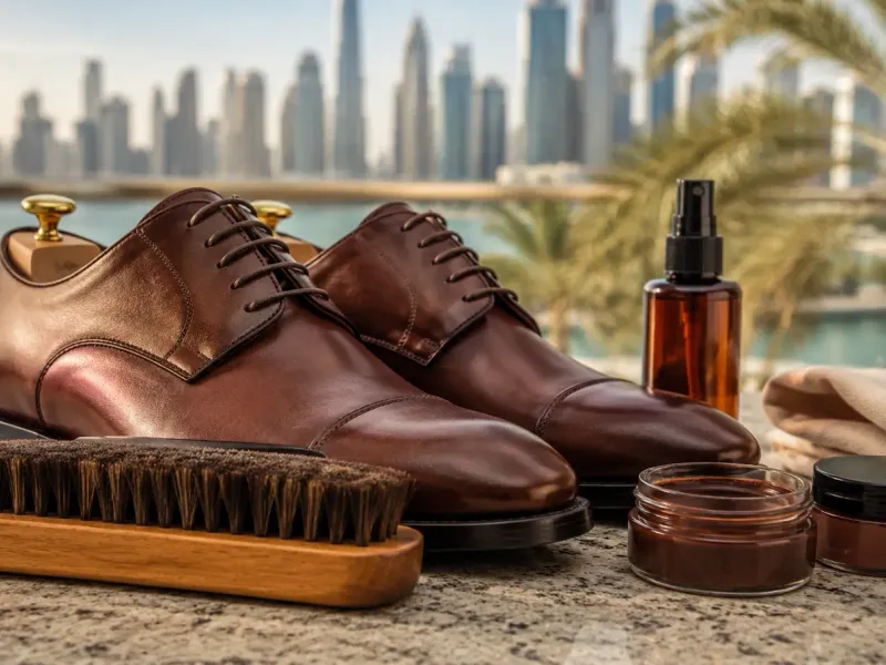 Leather shoe care in Dubai UAE climate showing professional conditioning and restoration techniques