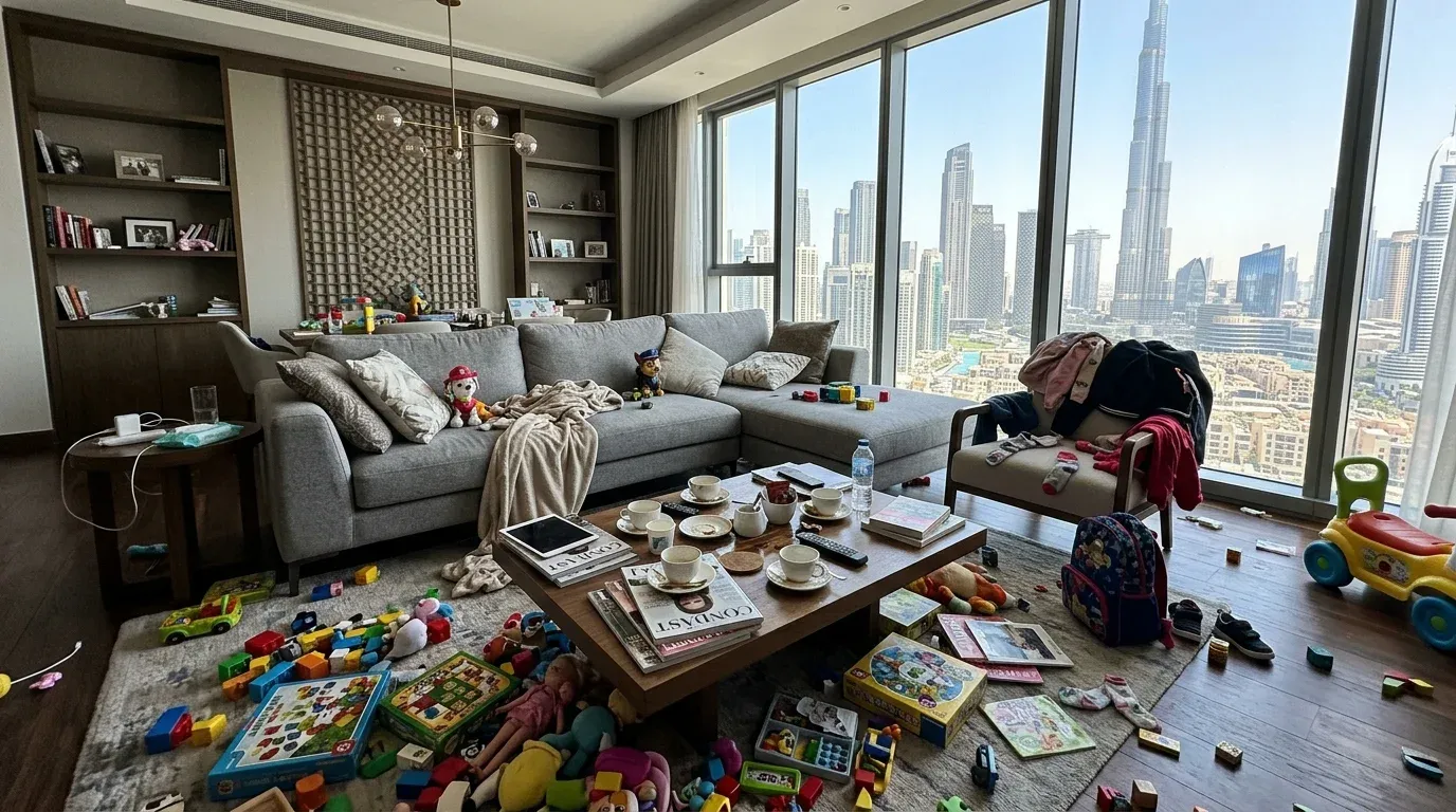 Messy living room before house cleaning in UAE