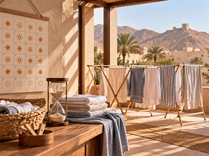 Laundry on wooden drying racks on a shaded terrace, with a sun calendar on the wall and hills beyond