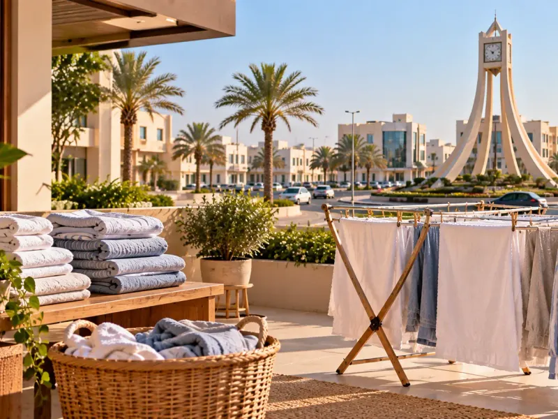 Towels folded on a bench and laundry on drying racks near a roundabout with a clock-tower monument