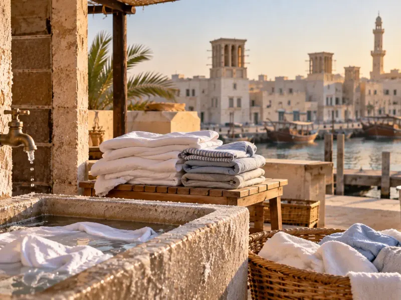 Folded towels beside a salt-crusted stone washing basin, with dhows moored in front of an old town of wind towers at sunset