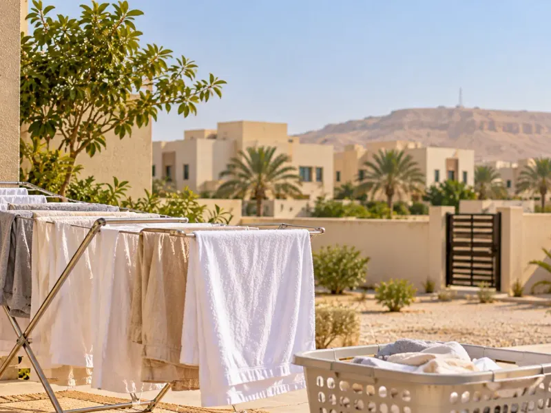 White and grey laundry on a drying rack in a villa courtyard, with houses and low hills behind