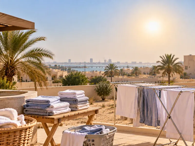 Folded towels and laundry on drying racks on a rooftop under a strong sun, with the sea and a causeway in the distance