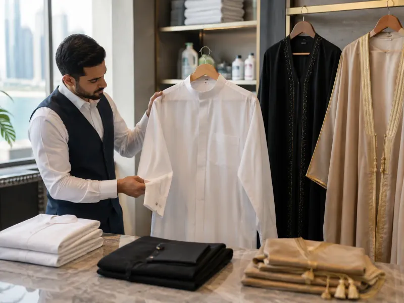 Thobe, abaya and bisht side by side showing different traditional garment care in Bahrain