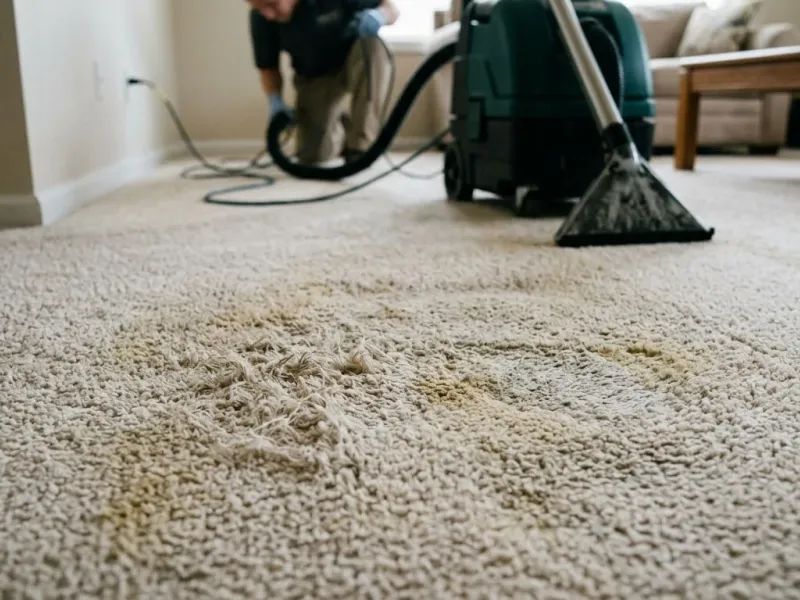 Technician checking carpet fibers before cleaning