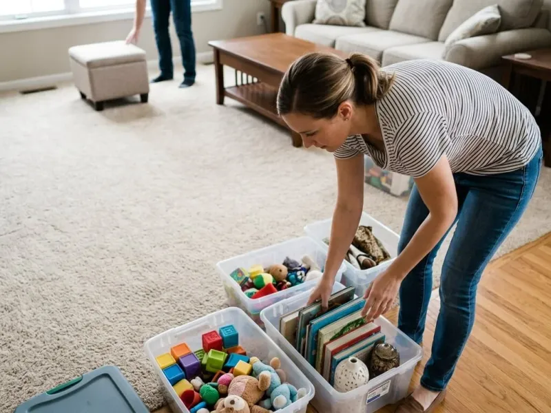 Homeowner preparing living room before carpet cleaning service