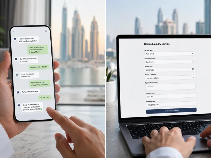 Conversational vs standard online booking for laundry in the UAE showing chat-based ordering and doorstep pickup