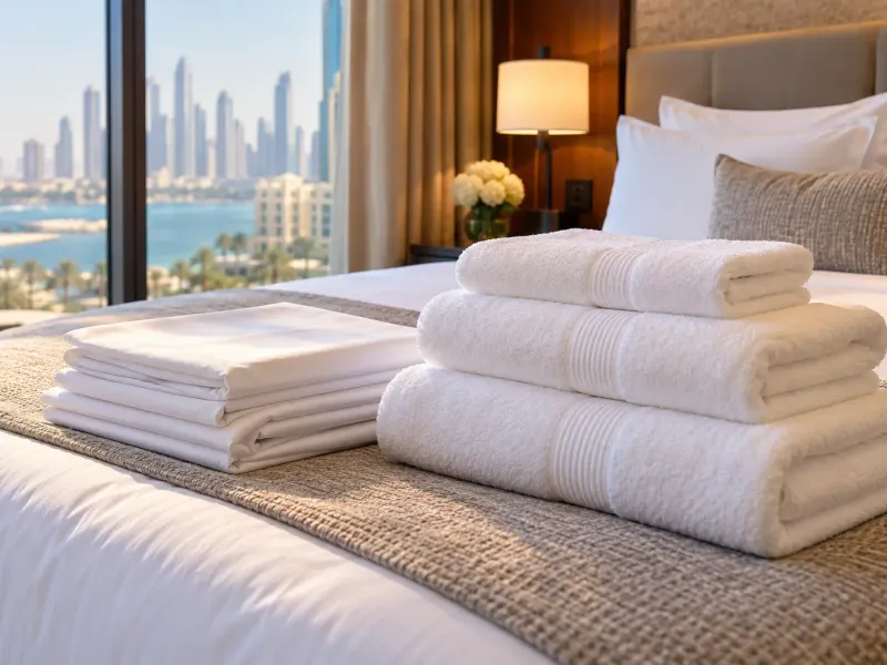 Folded white sheets and towels on a made bed in a Palm Jumeirah holiday home, ready for the next guest