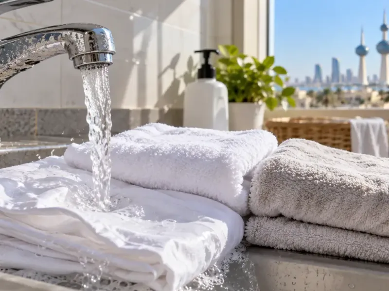 Tap water running over white cotton towels in a Kuwaiti utility room, one towel bright and one visibly dulled