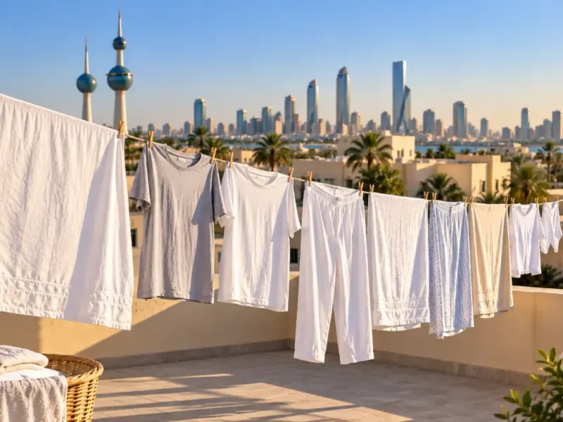 Laundry drying on a rooftop line in Kuwait under a still, cloudless autumn sky
