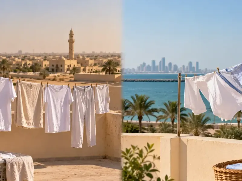 Washing drying in the dry inland air of Umm Salal, Qatar, with low desert scrub behind