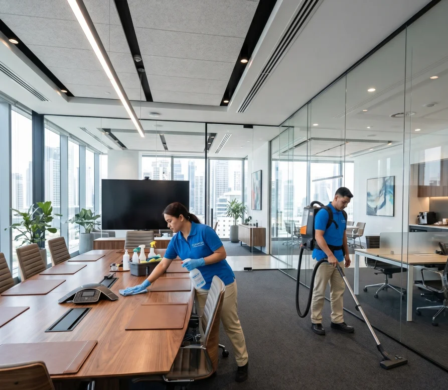 Professional commercial cleaning team in a modern Qatar corporate office