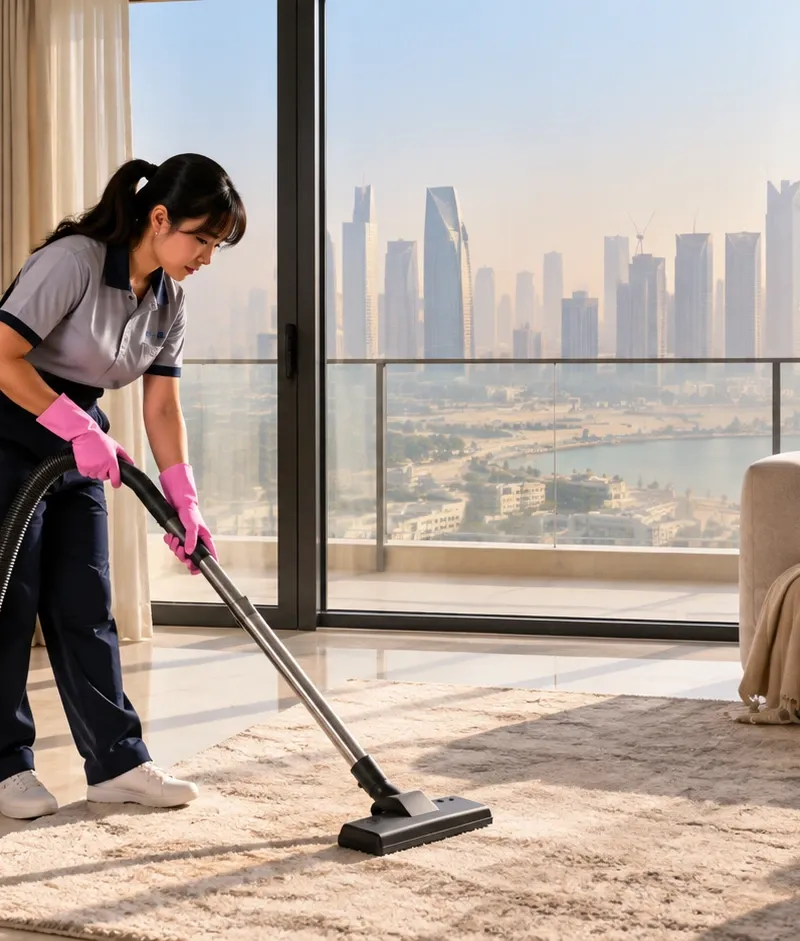 Vacuuming fine dust from a carpet in a Doha high-rise