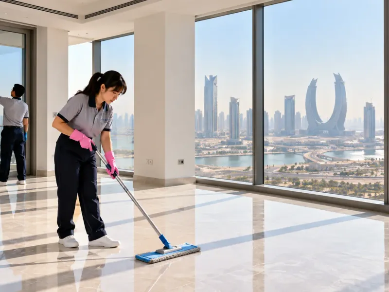 Laundrykhalas team cleaning a new apartment in Lusail before move-in