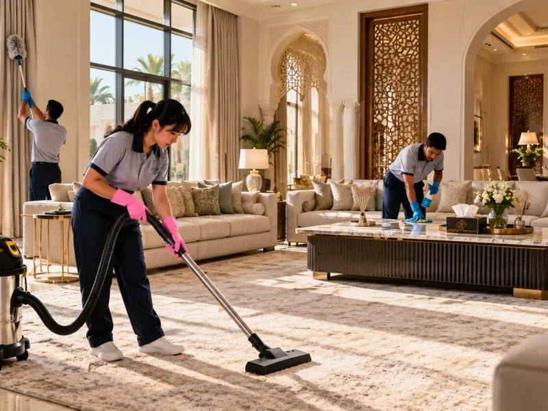 Laundrykhalas team deep cleaning a family villa majlis in Al Rayyan