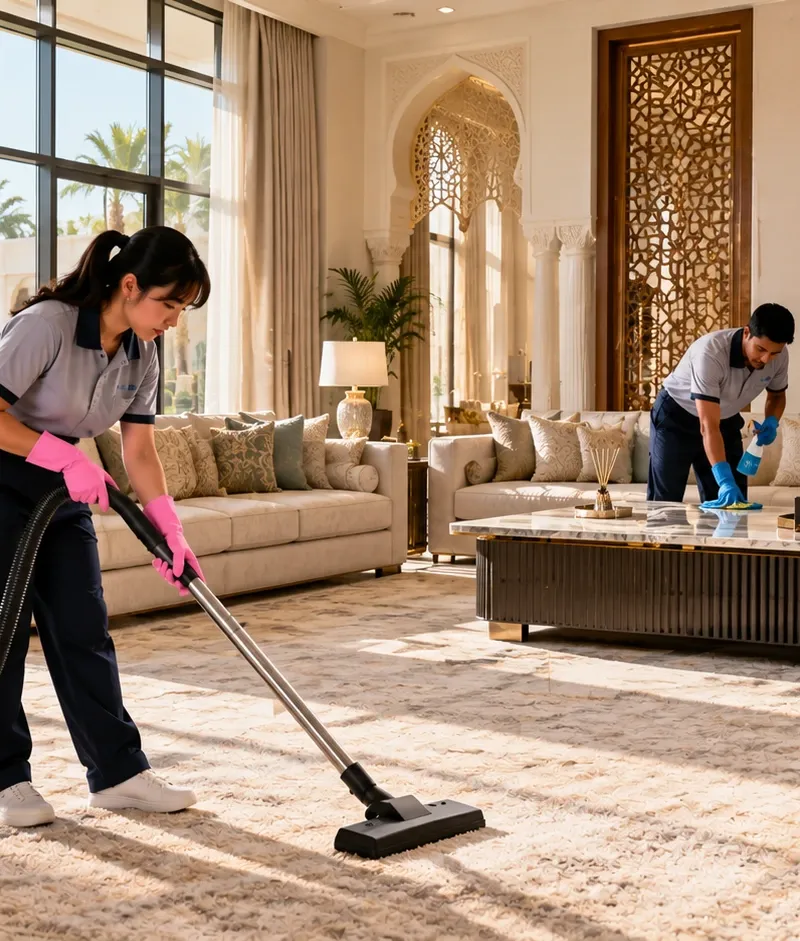 Vacuuming a large rug in a villa living room in Al Rayyan