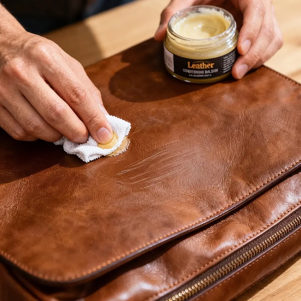 Polished brown leather shoes beside a horsehair brush, conditioner and cloth on a stone surface, with the Dubai skyline behind