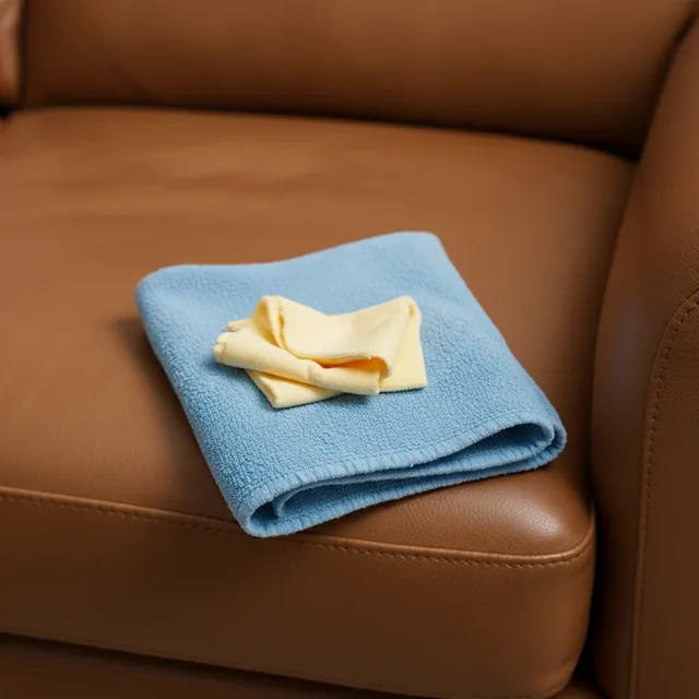 Soft buffing cloths resting on a conditioned brown leather seat