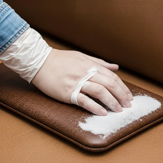 Gloved hand working cleaning product into a brown leather panel by hand