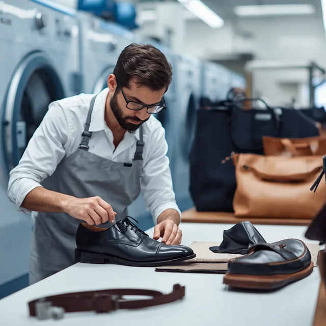Technician in an apron inspecting a black leather shoe at a bench, with leather bags and a belt alongside