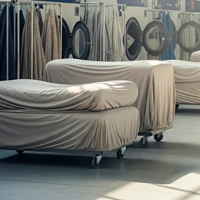 Cream sofa covers on trolleys waiting to be checked in, sofa cover cleaning for Al Darari