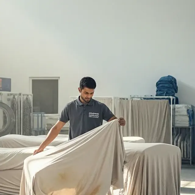 Technician spreading a pressed cream cover back over a sofa frame for Al Darari