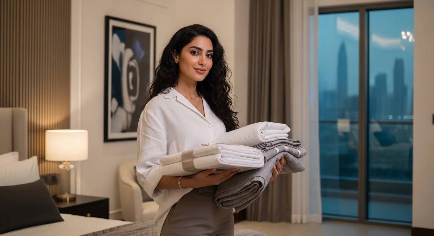 Laundrykhalas Hotel guest in Al Barsha handing a bag to reception