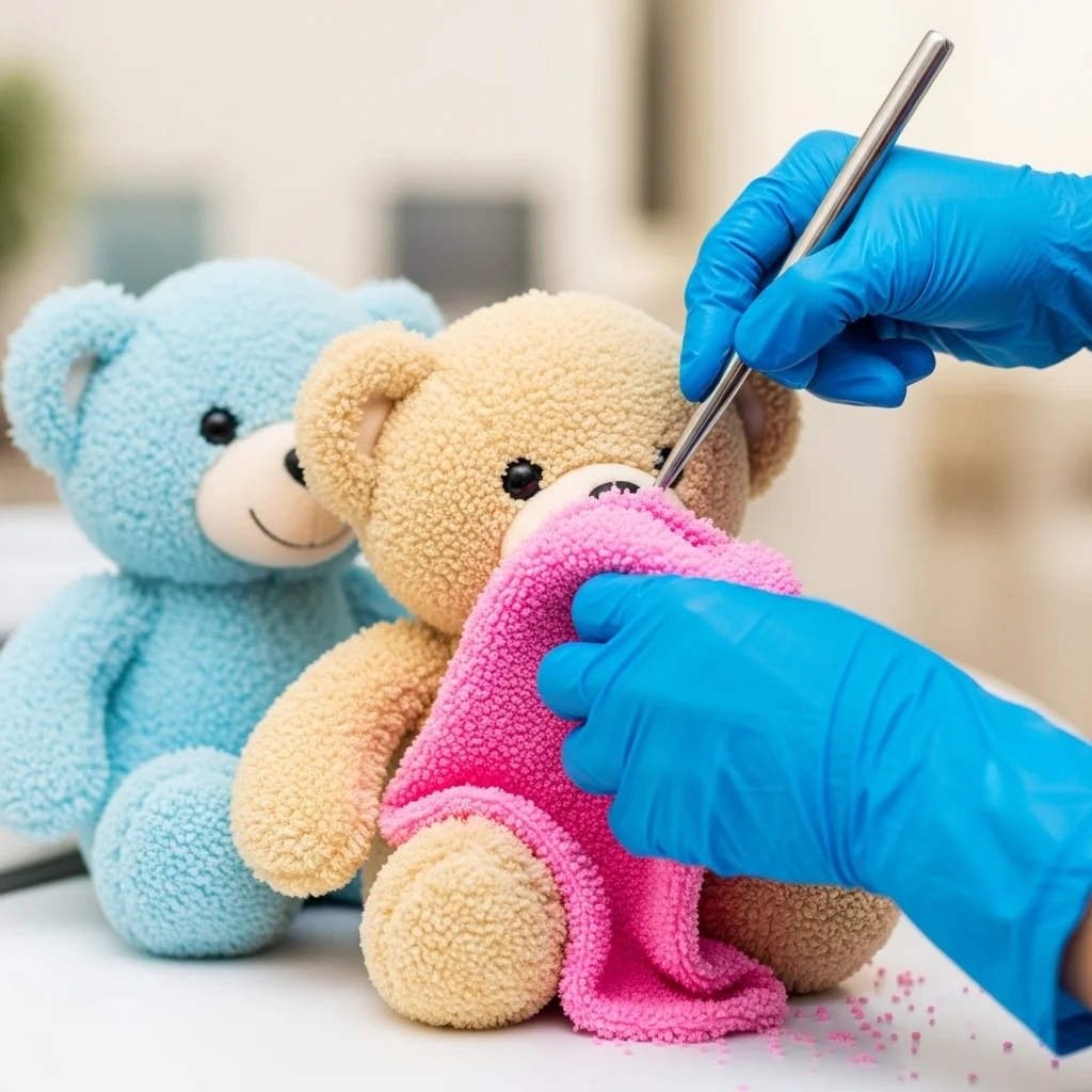 Blue and beige teddy bears on a work surface, one being cleaned by hand in Al Corniche