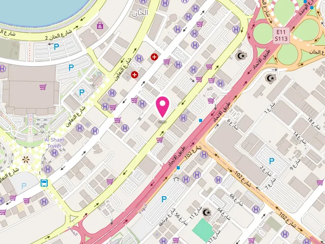 Map showing the location of مغسلة القمر المنير Al Qamar Al Muneer Laundry at Al Taawun St - Al Khan - Sharjah - United Arab Emirates