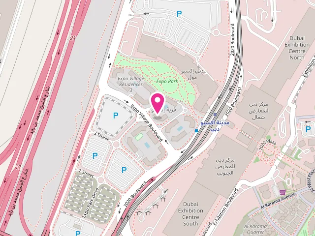 Map showing the location of Jeeves Dry Cleaners and Launderers at residence 2b - Shop no 05 Expo Village Boulevard - near by Art of Grooming - Madinat Al Mataar - Expo City Dubai - Dubai - United Arab Emirates