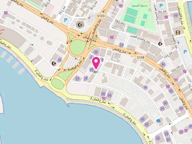Map showing the location of PURE GOLD AUTOMATIC LAUNDRY at SHARJAH AL-KHAN STREET Sharjah 555 tower behind - Total car wash center - الخان - الشارقة - United Arab Emirates
