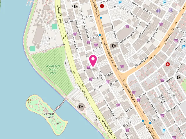 Map showing the location of Rukin Al Sabah ركن الصباح at Ahmad Bin Majid St - Al Majaz District - Al Majaz - Sharjah - United Arab Emirates