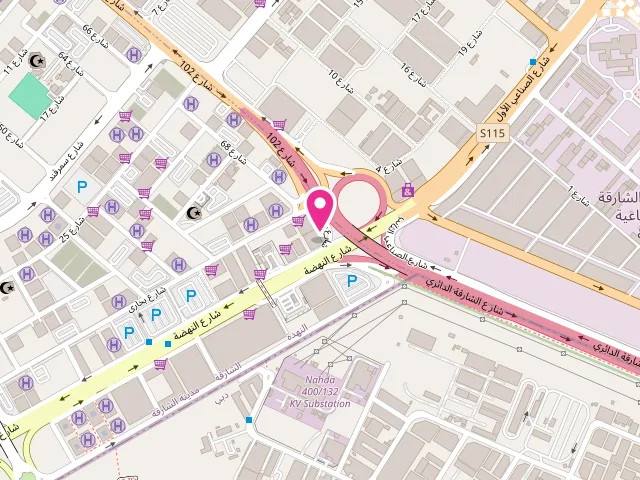 Map showing the location of Sun Sky Laundry at 893M+8P2 Al Kawser Building - Al Nahda St - Hay Al Nahda - Sharjah - United Arab Emirates