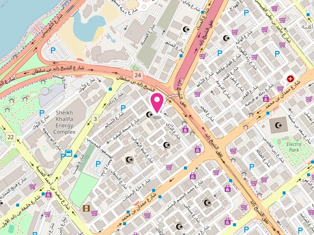 Map showing the location of The Linen Laundry branch 1 مصبغة ذي لينين فرع at Sheikh Zayed Bin Sultan St - Al Danah - Zone 1 - Abu Dhabi - United Arab Emirates